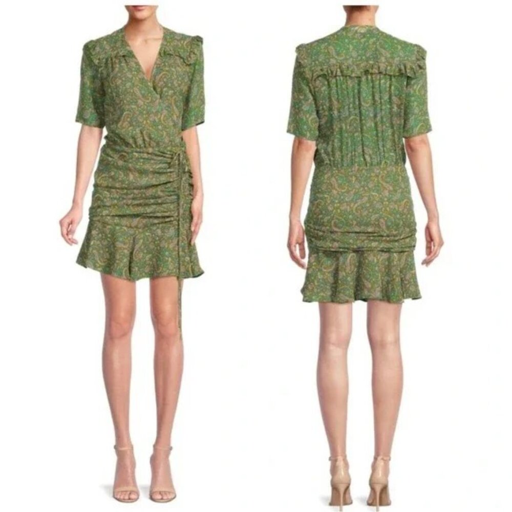 Veronica Beard Dakota Paisley 100% Silk Ruched Mini Dress Size 2 Fern Green
